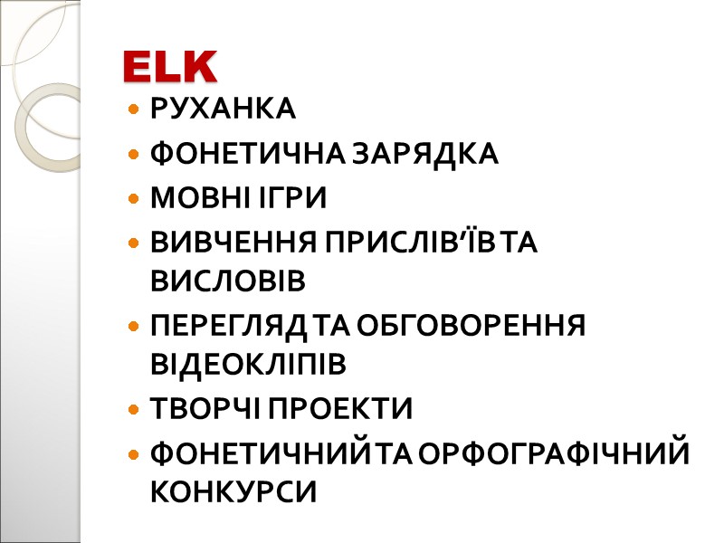 ELK РУХАНКА ФОНЕТИЧНА ЗАРЯДКА МОВНІ ІГРИ ВИВЧЕННЯ ПРИСЛІВ’ЇВ ТА ВИСЛОВІВ ПЕРЕГЛЯД ТА ОБГОВОРЕННЯ ВІДЕОКЛІПІВ